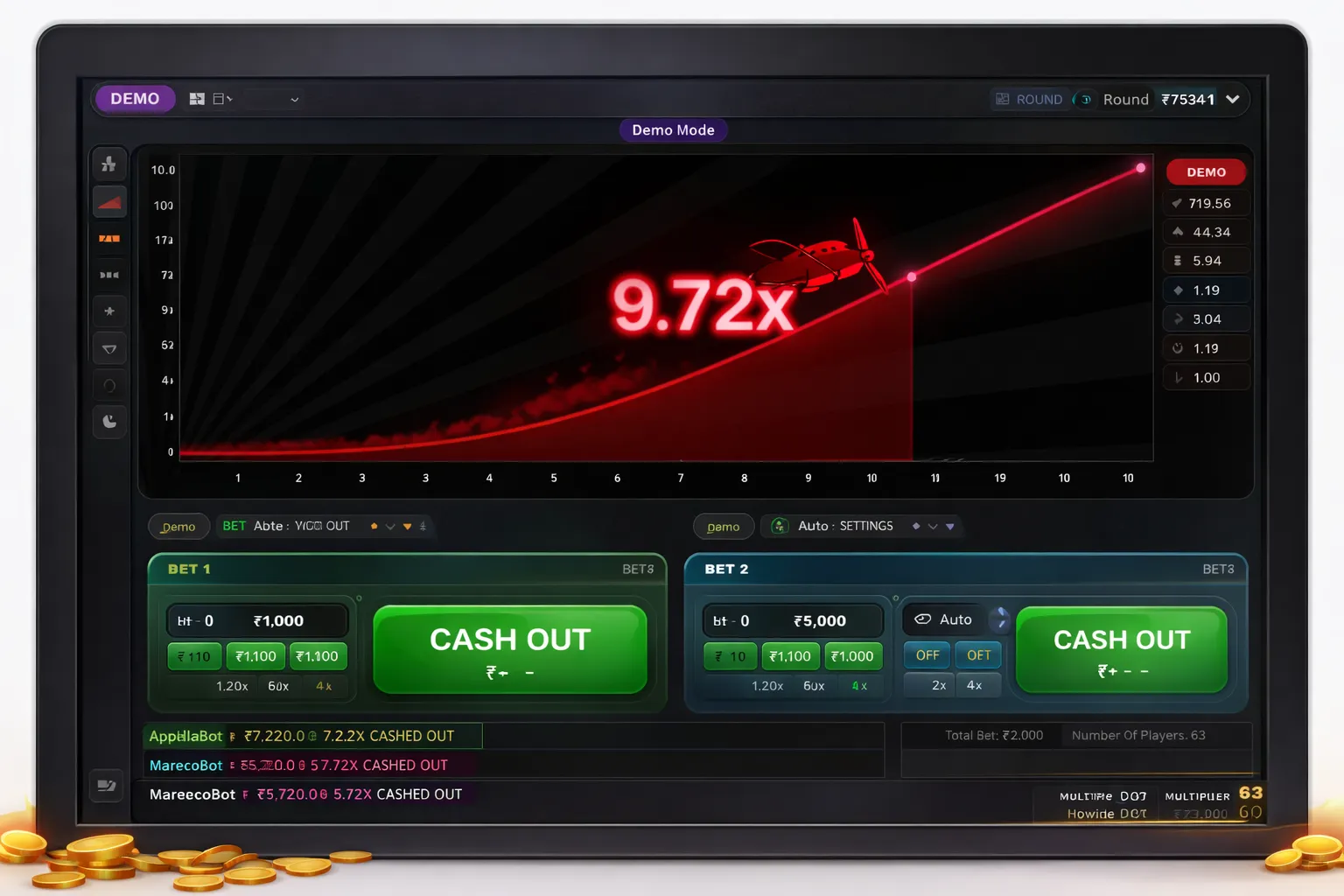Aviator demo screen preview (multiplier and cash out)